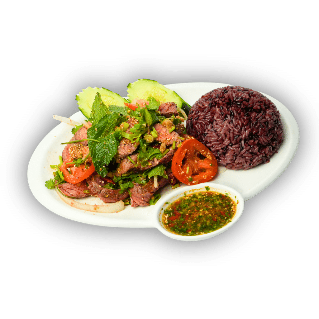 Crying tiger steak laab with purple sticky rice and Hmong pepper sauce