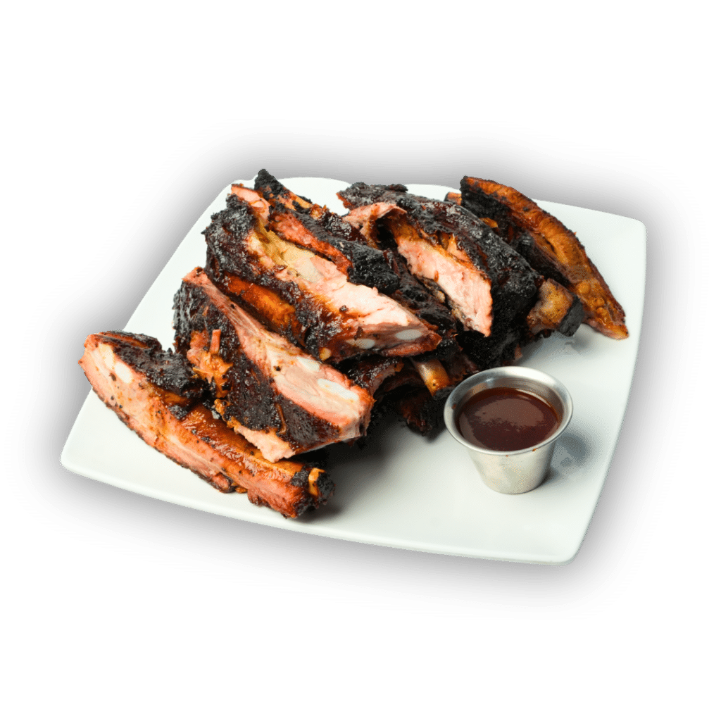 Smoked St. Louis pork spare ribs with BBQ sauce