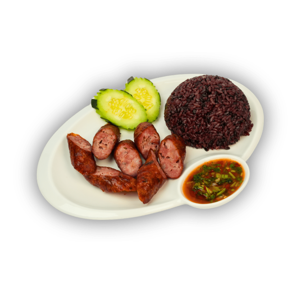 Hmong pork sausage with purple sticky rice, cucumbers and Hmong pepper sauce at Rocky's in Blaine, MN