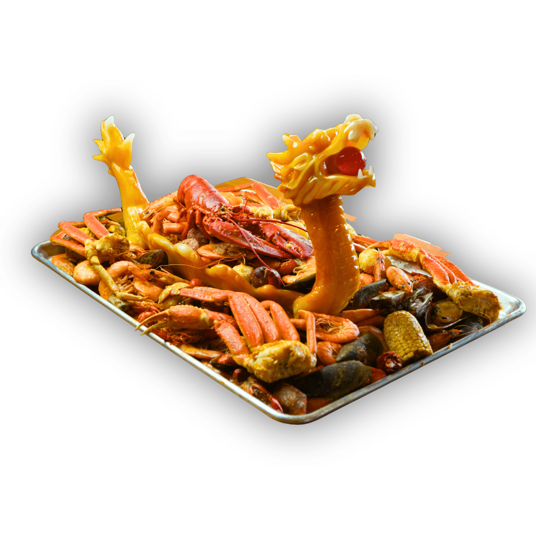 Dragon's Catch seafood boil with lobster, snow crab legs, shrimp, crawfish, mussels and corn in Blaine, MN