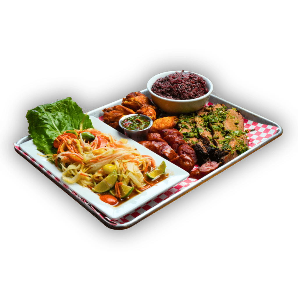Hmong Party platter with Hmong brisket, Hmong sausage, chicken wings, papaya salad and sticky rice